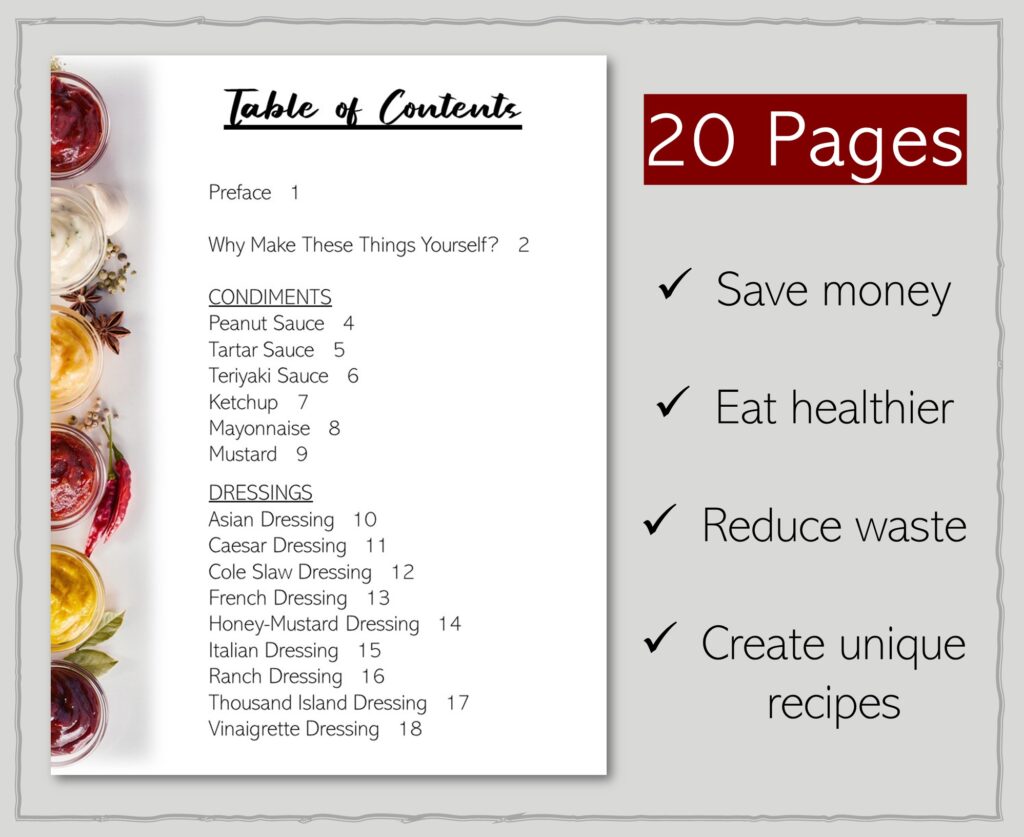 table of contents for condiments and salad dressings