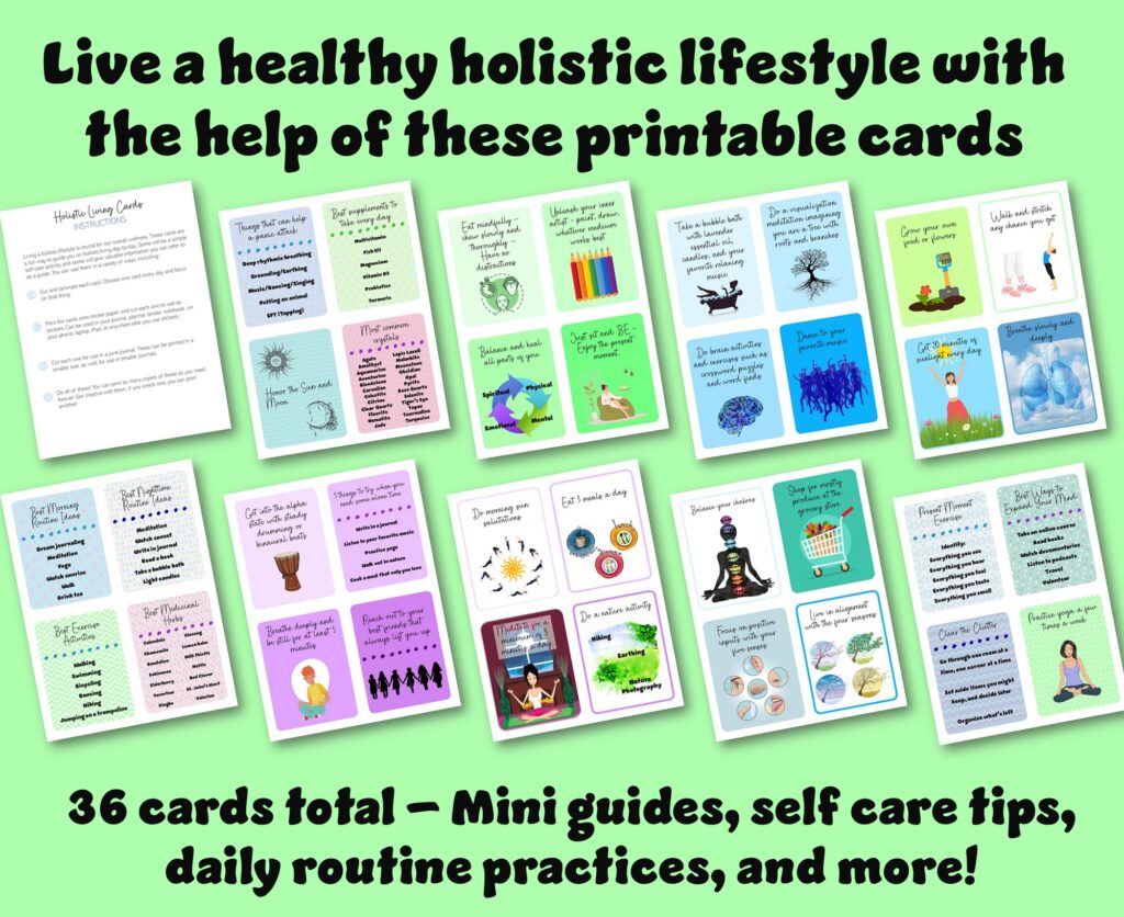 36 holistic living cards; mini guides, self-care tips, daily routine practices, and more