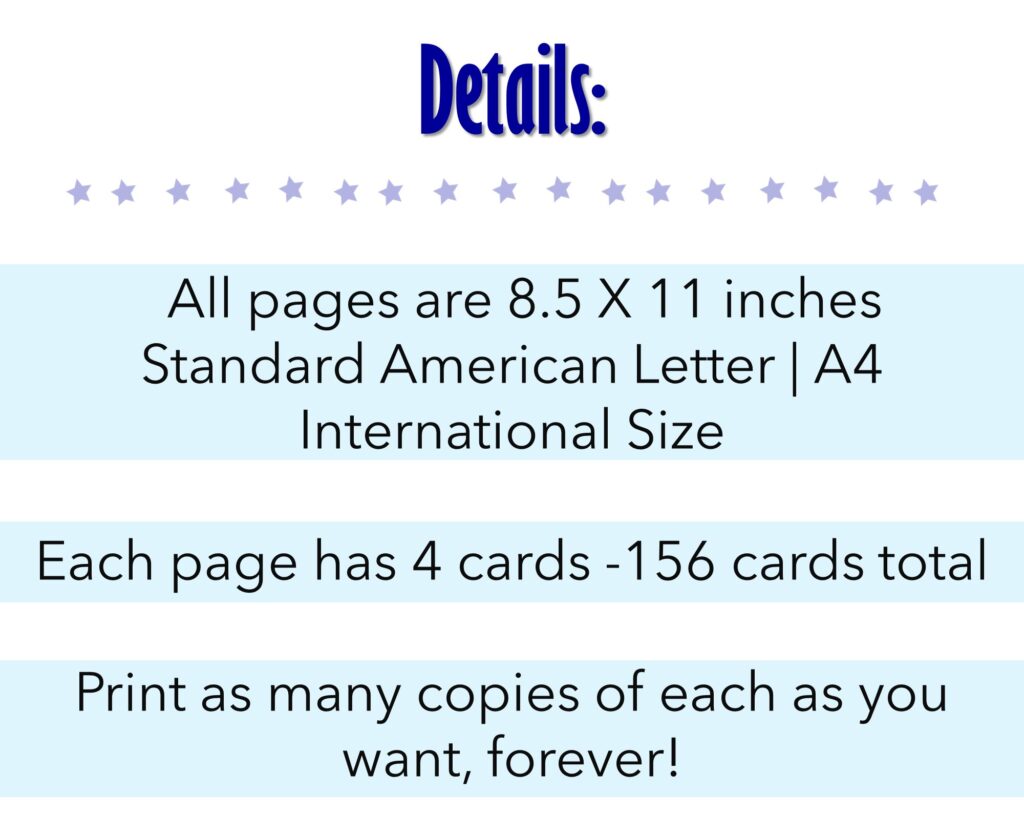 All pages are 8.5 X 11 inches 156 cards total