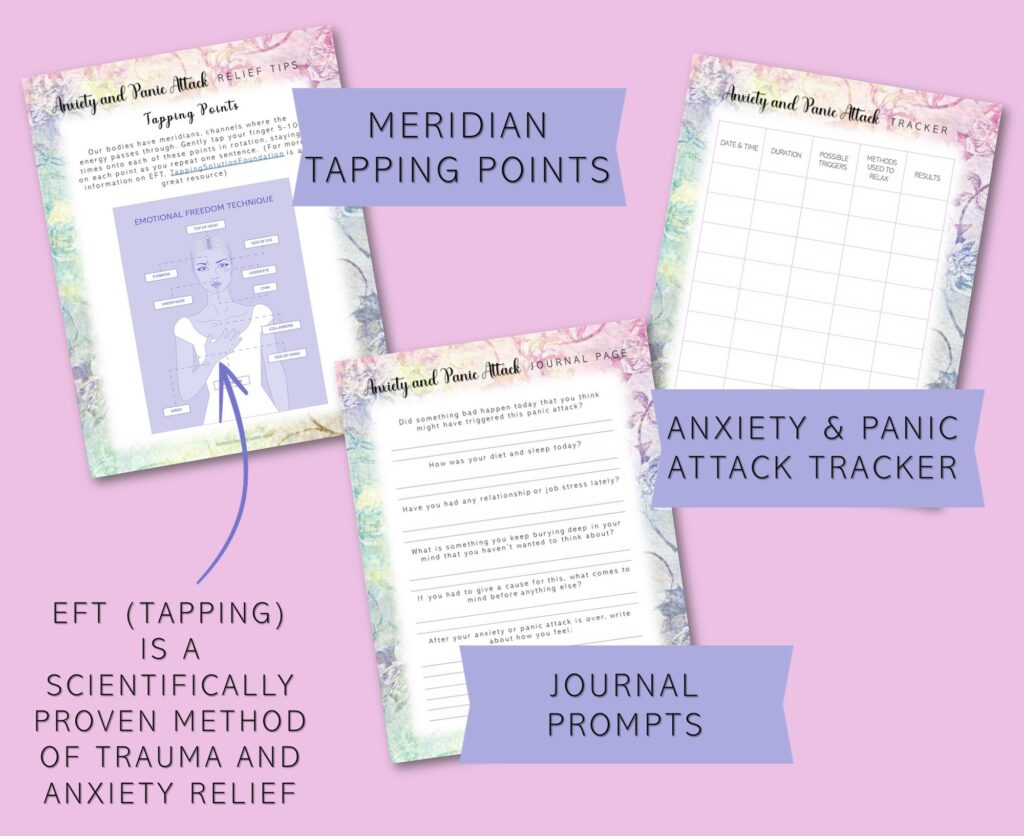 EFT meridian tapping points, anxiety and panic attack tracker, journal prompts