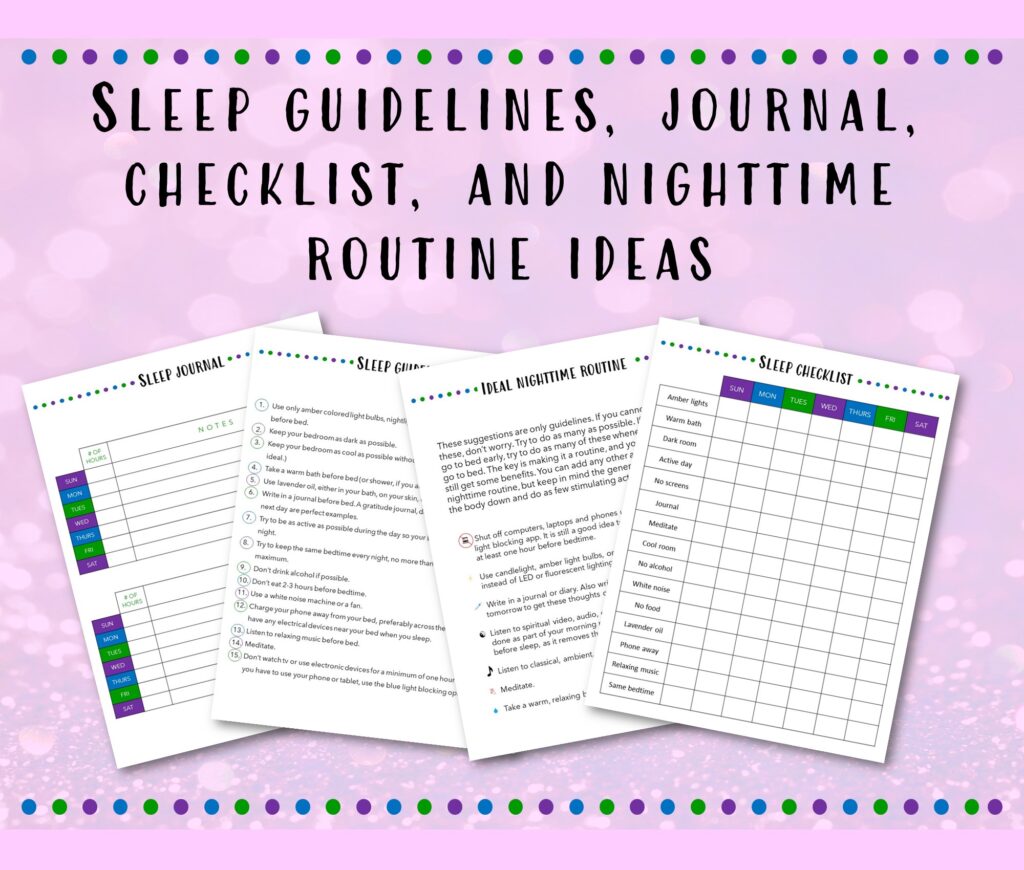 sleep guidelines, journal checklist, and nighttime routine ideas