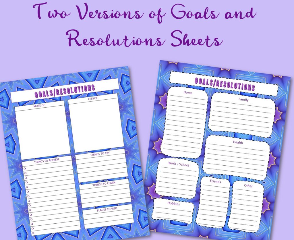 2 versions of goals and resolutions sheets