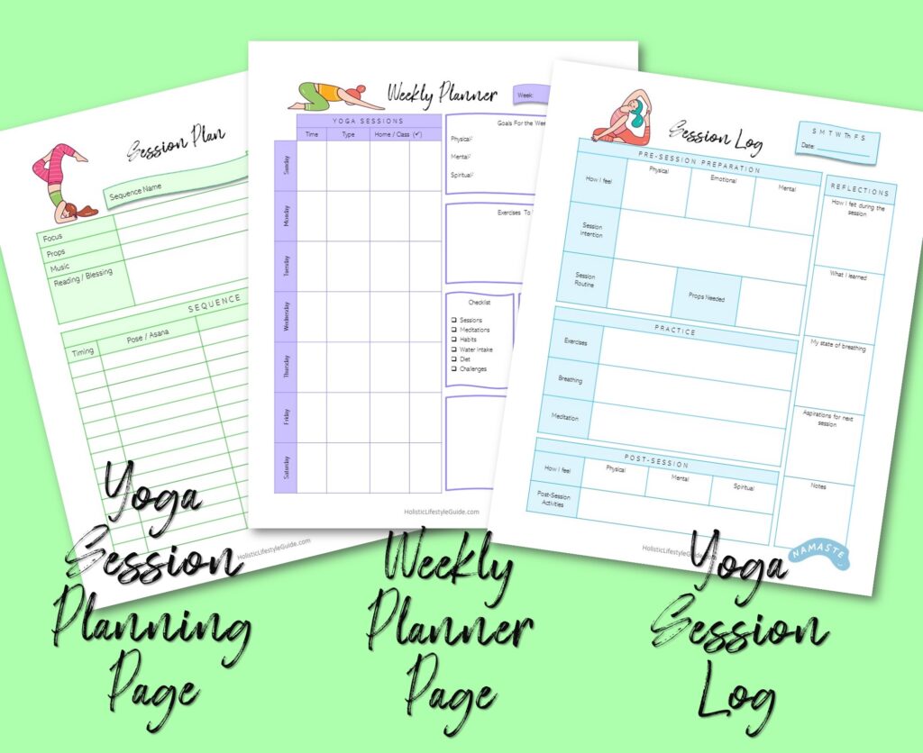 yoga session planning page, weekly planner page, yoga session log