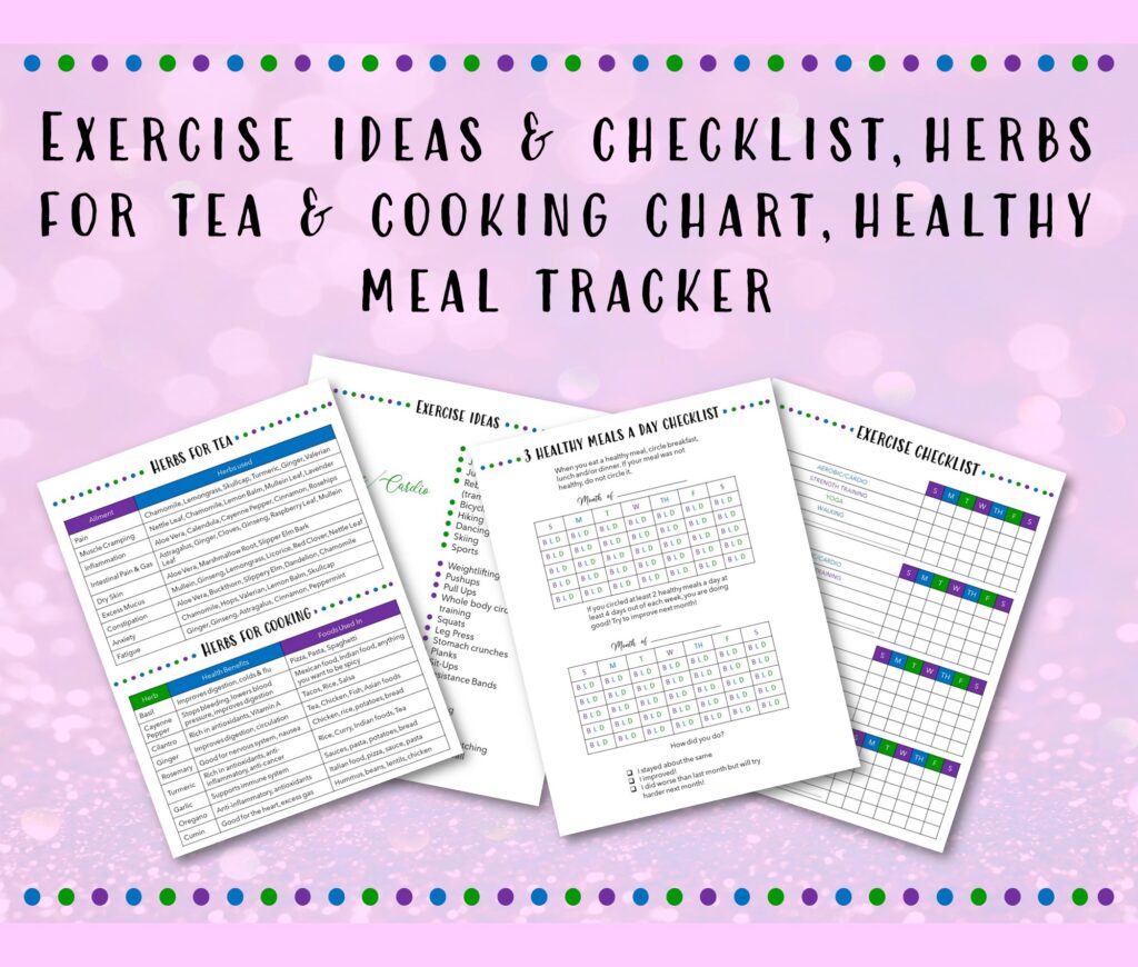 exercise ideas and checklist, herbs for tea and cooking chart, healthy meal tracker