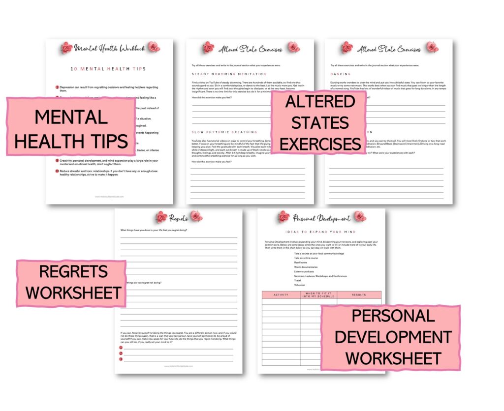 mental health tips, altered states exercises, regrets worksheet, personal development worksheet