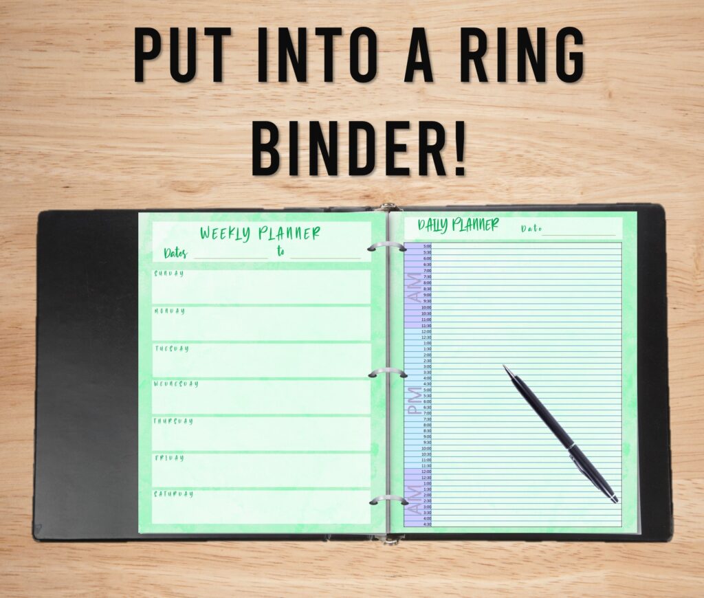 planner page in a ring binder