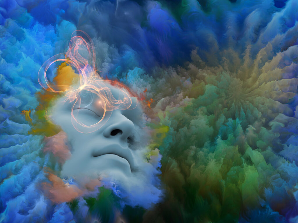 dreaming face in swirling colored smoke