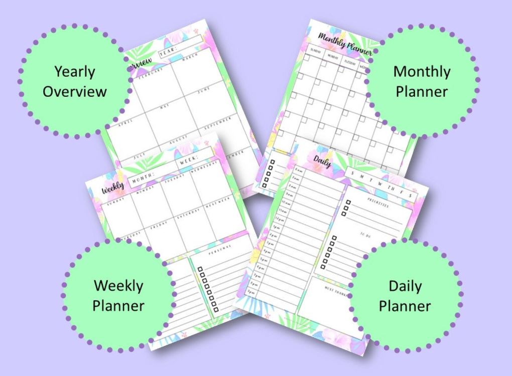 yearly overview, monthly planner, weekly planner, daily planner