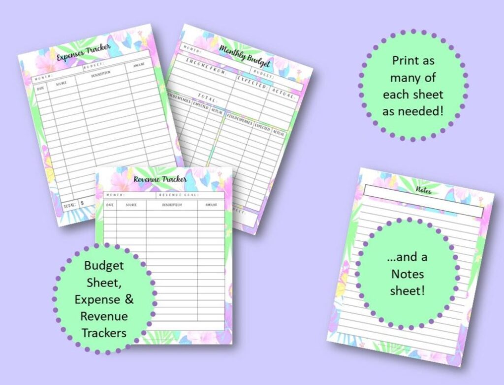 budget sheet, expense and revenue trackers